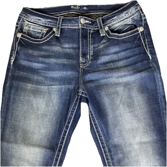 Miss Me Jeans Women 32 Blue Mid Rise Boot Bootcut Thick Stitch Embroidered Bling - Picture 2 of 8